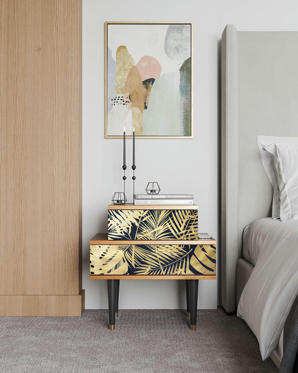 JUNGLE VIBES - Table de chevet bleu et jaune 2 tiroirs L 58 cm