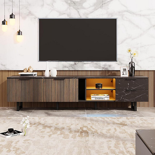 Meuble TV au Design Moderne, Aspect marbre Noir, Porte Grain de Bois foncé