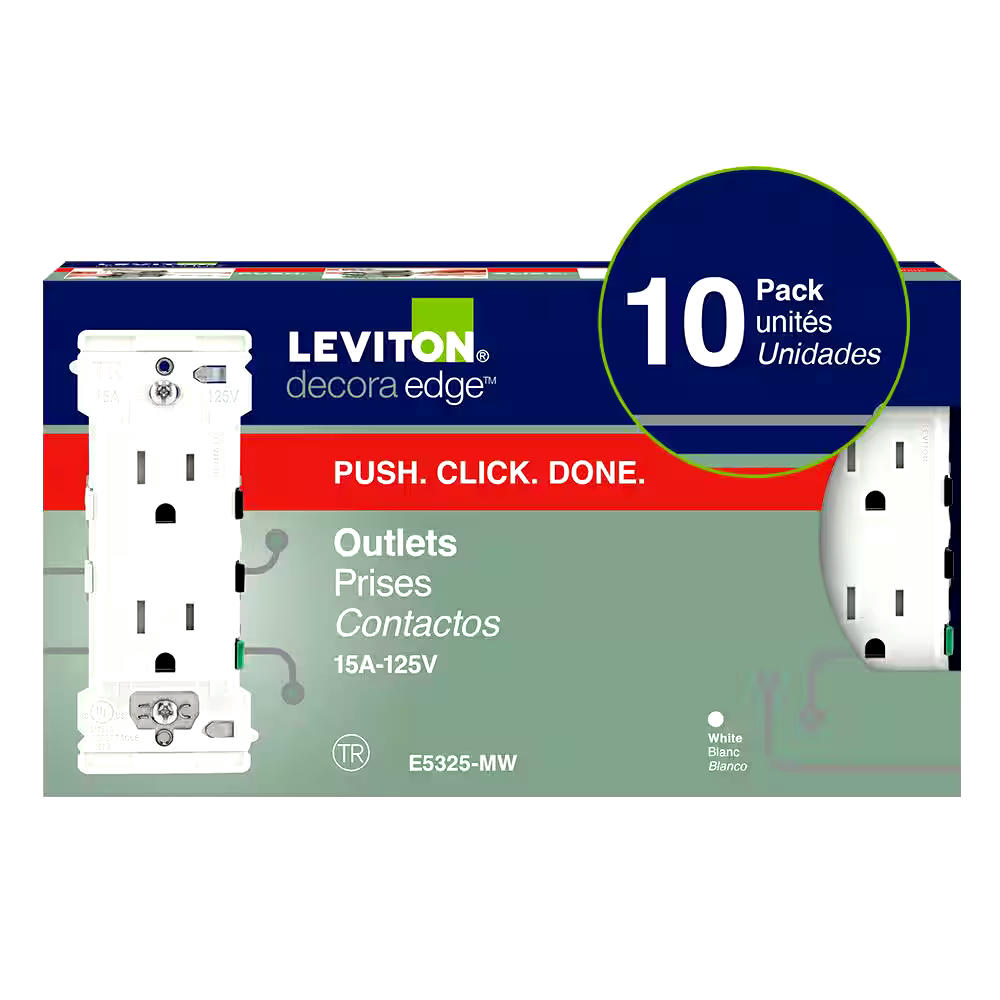 Leviton Decora Edge 15A 125V Receptacle, White, 10-pk