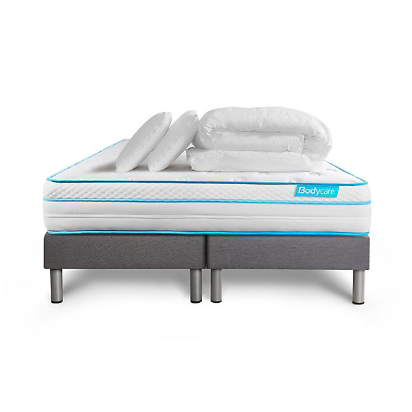 Pack sommier tapissier matelasRessorts ensachés et mémoire de forme avec couette et oreillers