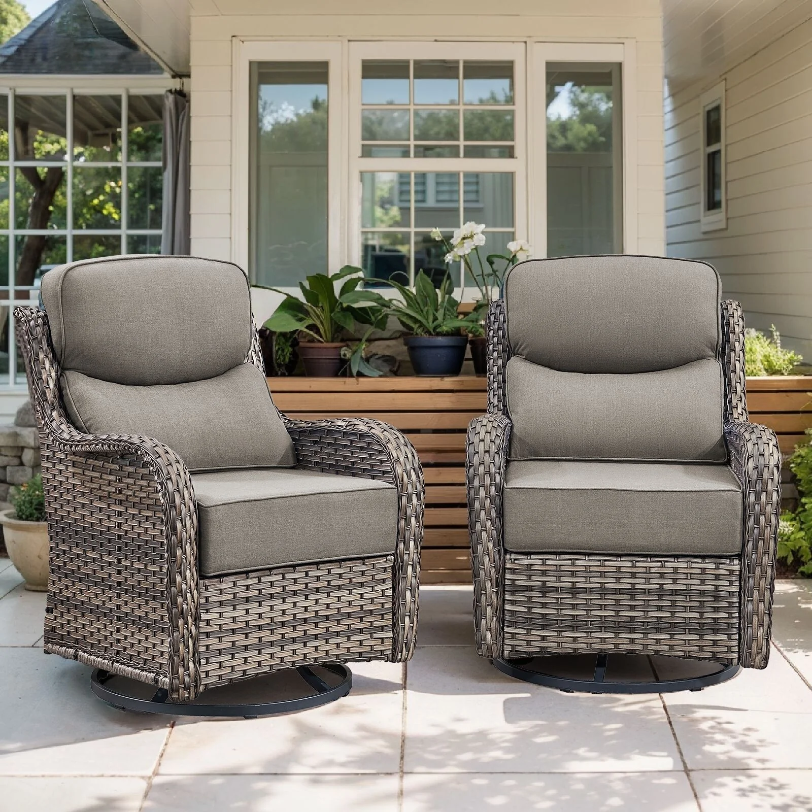 Gymojoy Patio Swivel Glider Chair Set with 6 Ultra-Plush Cushions - Waterproof Olefin Fabric, All-Weather Rattan