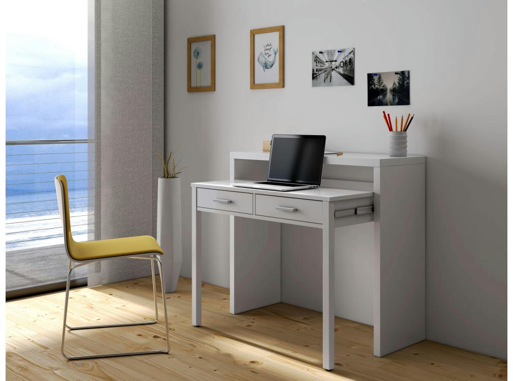 CLEA - Bureau blanc extensible 2 tiroirs L99cm