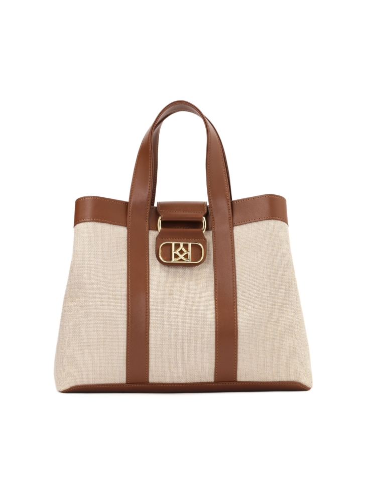 Brown and beige fabric and leather handbag