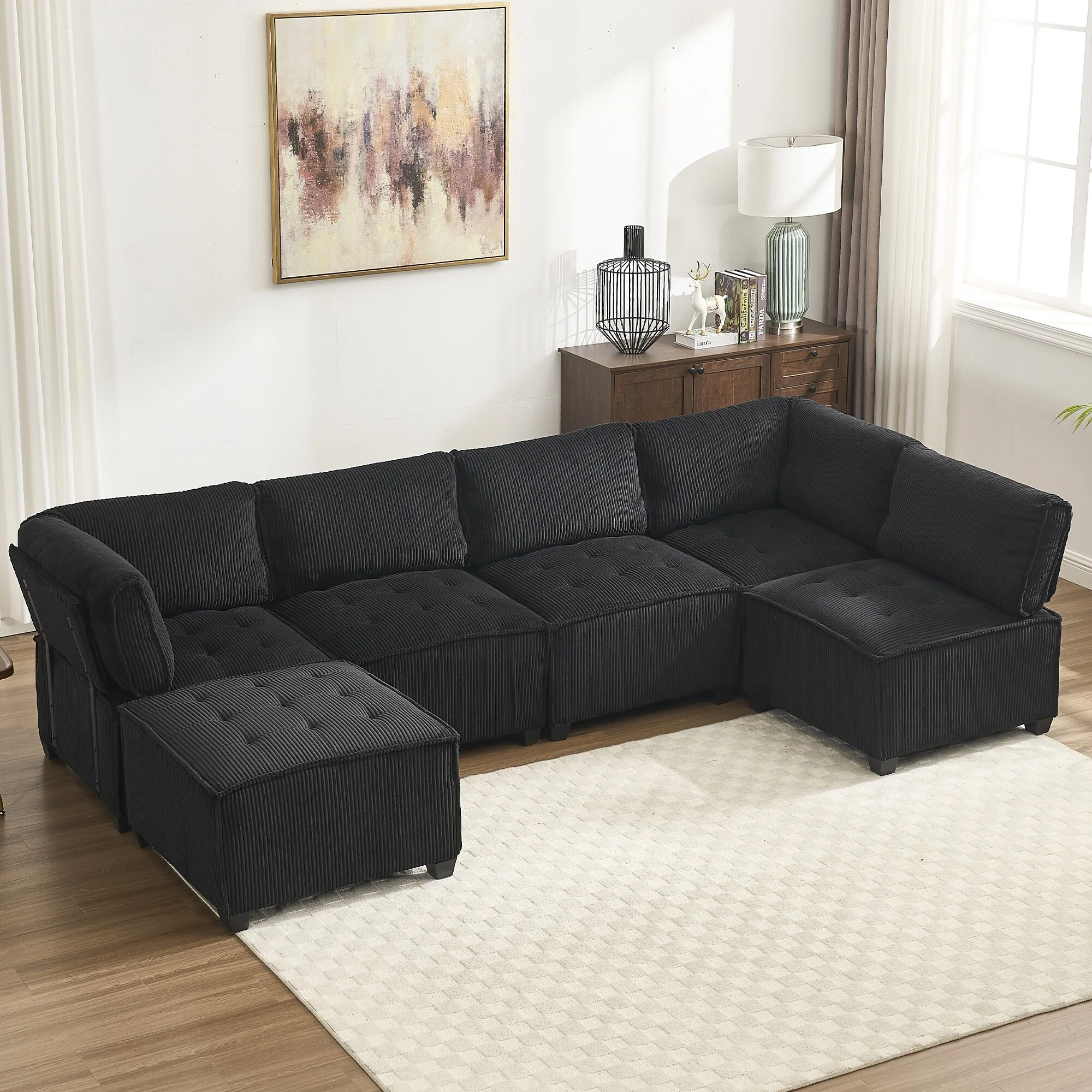 121.26 Corduroy Modular Sectional Sofa 6- Seat U Shaped Couch with Reversible Chaise and Ottoman