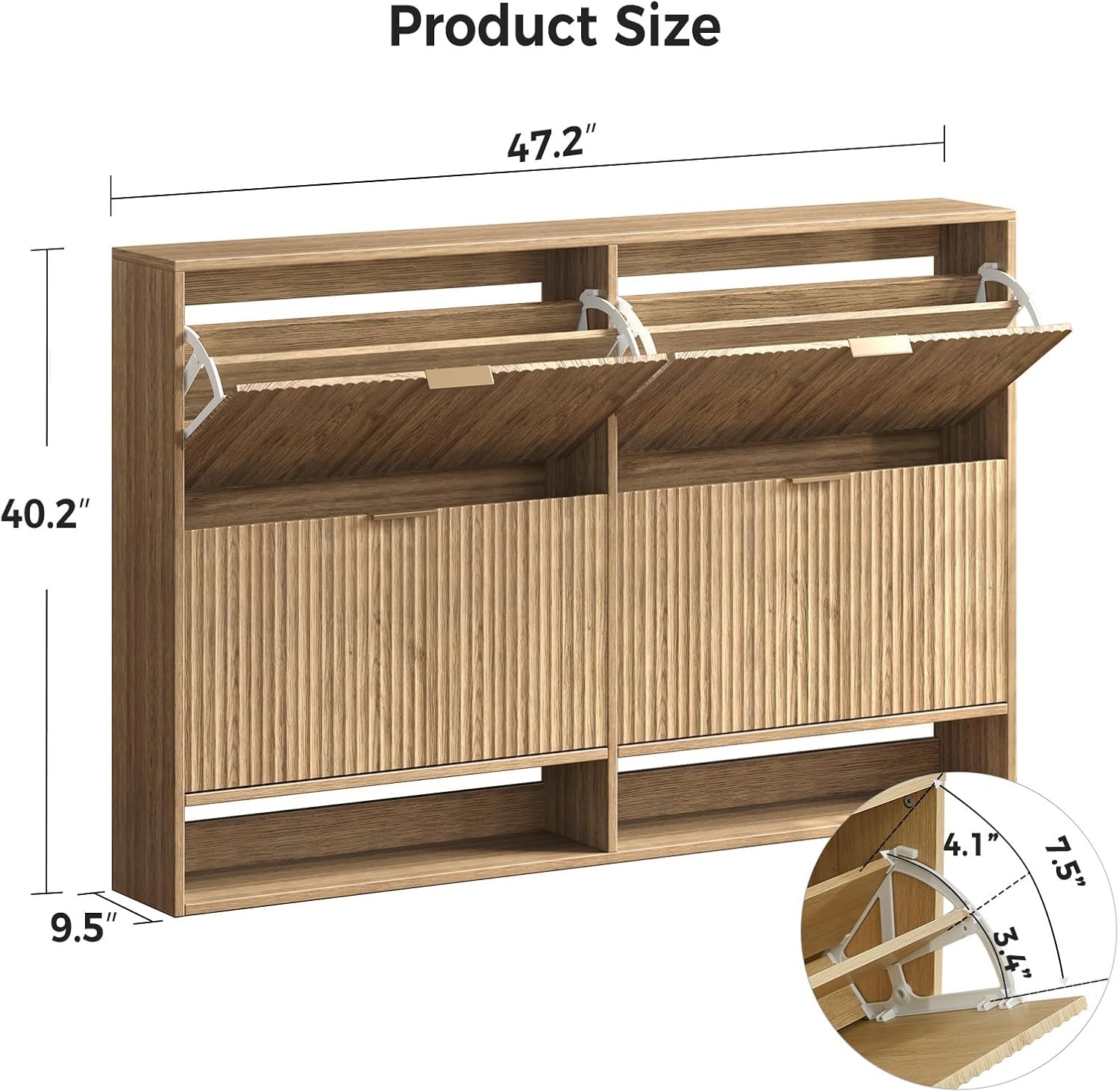 47.2''W Oak Shoe Storage Cabinet for Entryway with 4 Flip Drawers, Narrow Wood Fluted Shoe Rack Cabinet,Freestanding Slim Shoe Organizer Cabinet for Foyer, Hallway