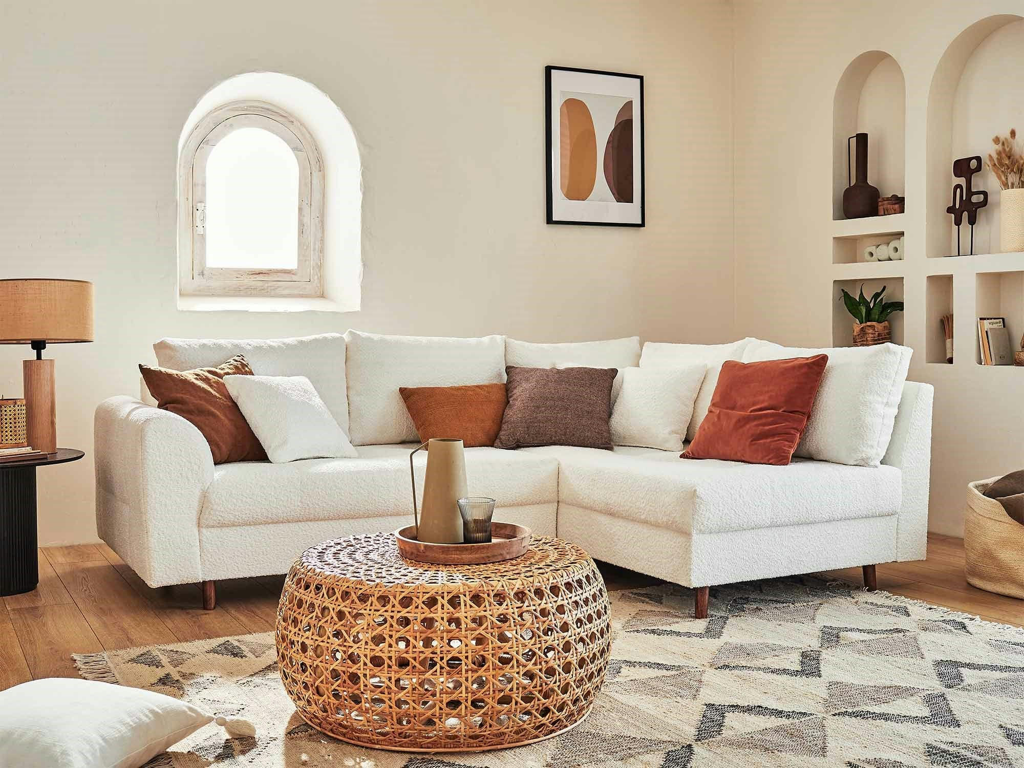 RUNE - Canapé d'angle droit 4 places en tissu bouclette blanc