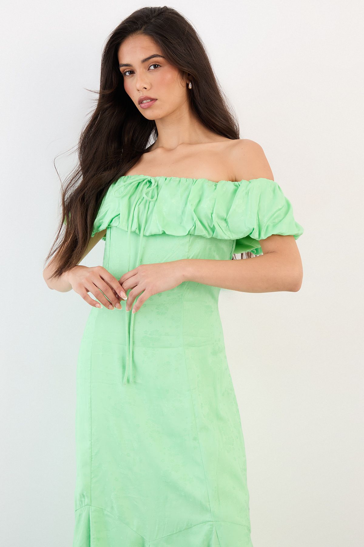 Warehouse Viscose Satin Jacquard Bardot Godet Insert Milkmaid Midi Dress