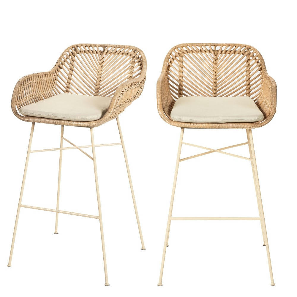 NUNUHAI - Lot de 2 tabourets de bar en rotin pieds beiges 68cm beige