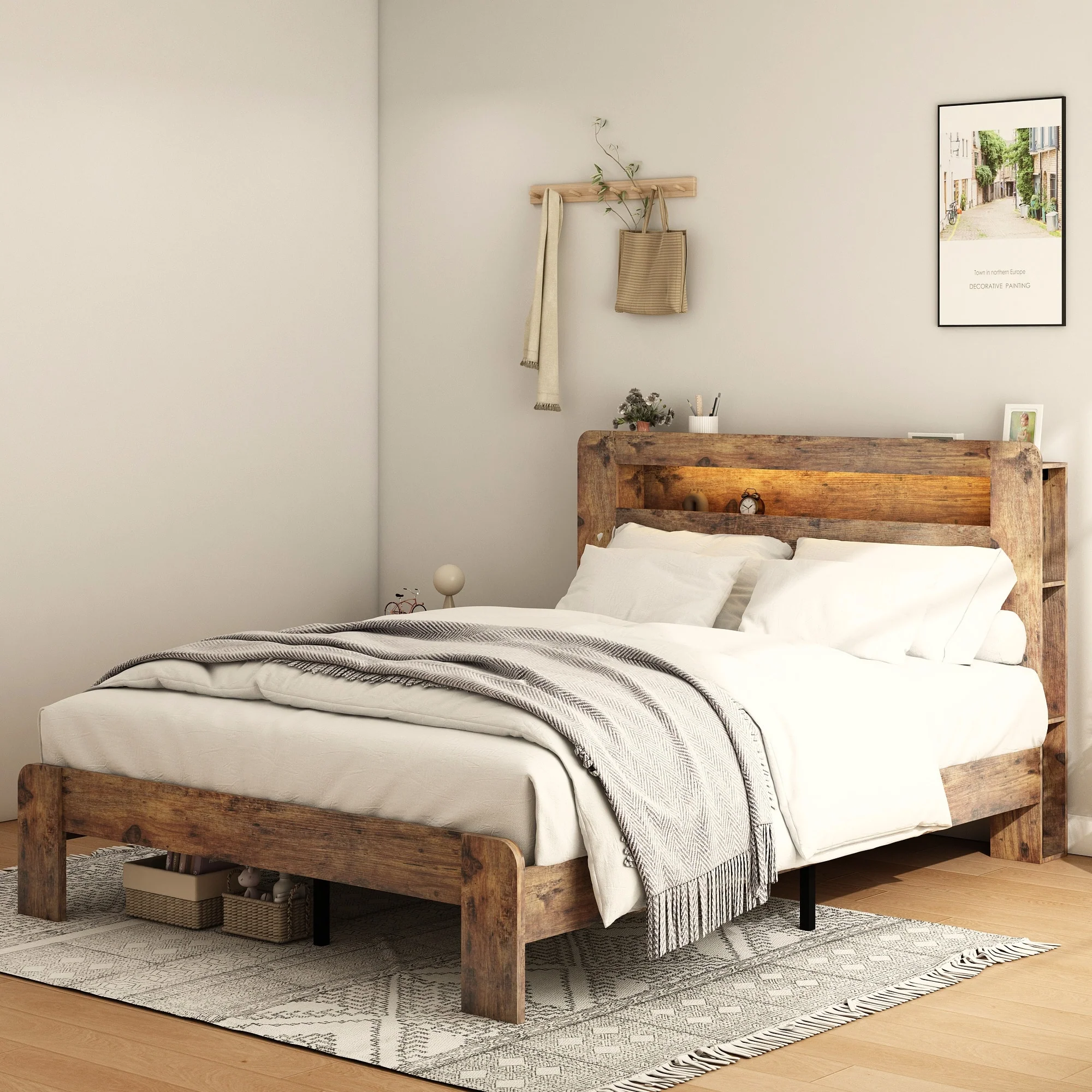 Wood Platform Bed Frame with Storage LED Light and 2 USB, Large Under Bed Storage