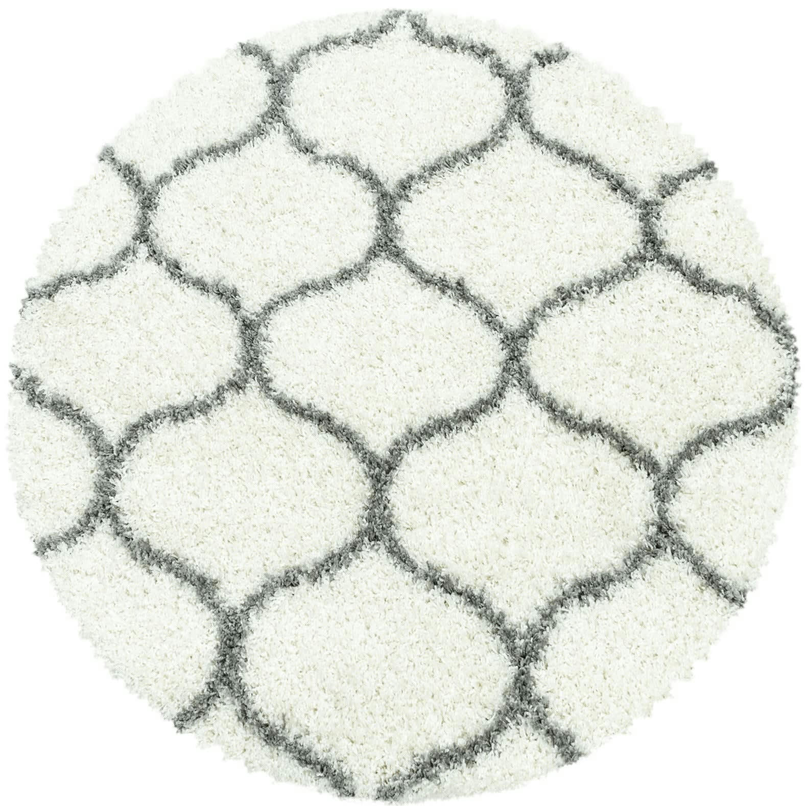 SALMA - Tapis rond à poils longs et motifs alhambra blanc 120x120cm