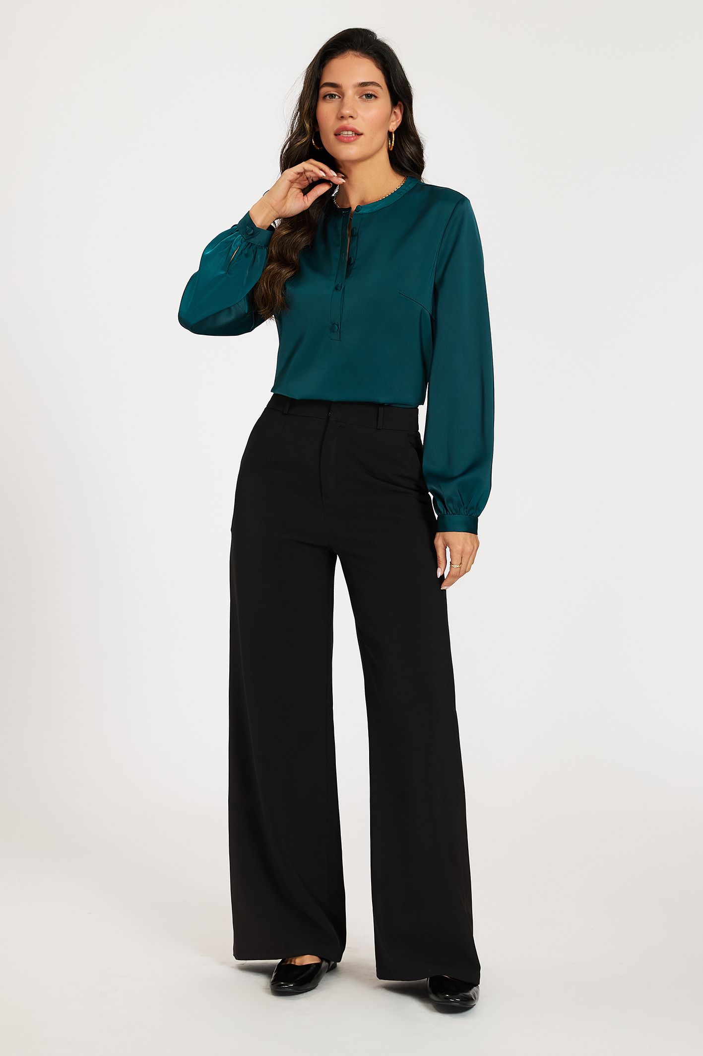 FS Collection Grandad Collar Button Front Satin Blouse