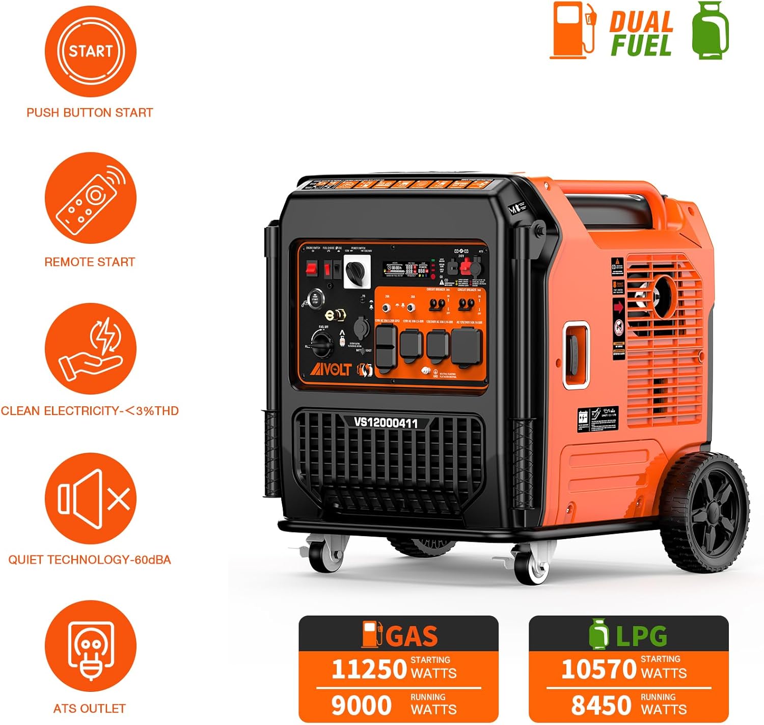 AIVOLT 11250 Wattages Dual Fuel Portable Inverter Generator Super Quiet Gas Propane Powered Remote/Electric Start Outdoor Generator ATS Ready for Home Back Up Food Truck  50 State Approved