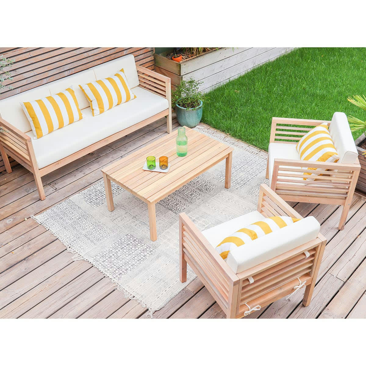 BONDI - Salon de jardin 5 places en bois massif blanchi