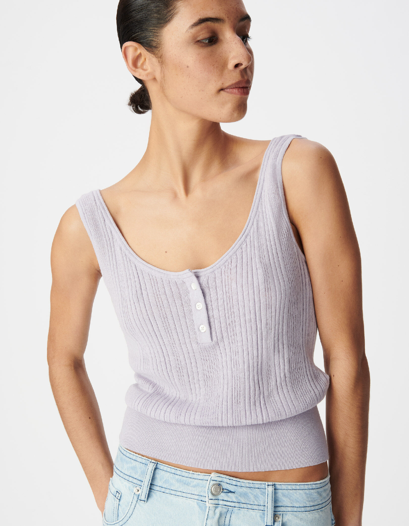 Pull sans manches lilas maille côtelée Femme