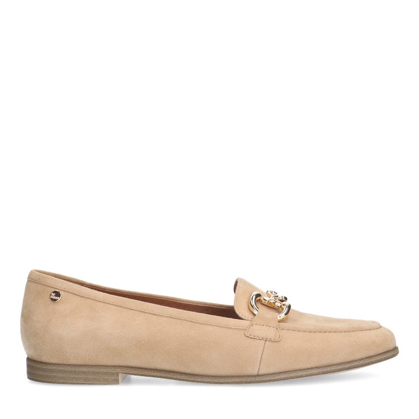 No Stress Beige suède loafers met gouden chain