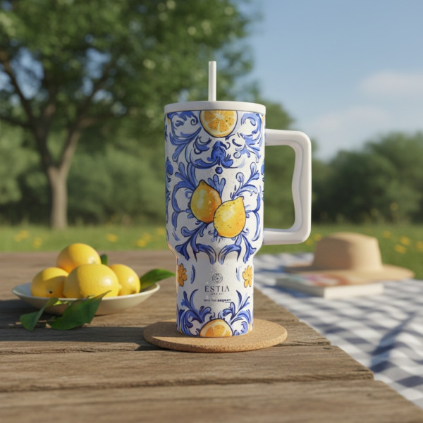 Kubek termiczny Amalfi Coast 900 ml stal nierdzewna w cytryny ze słomką