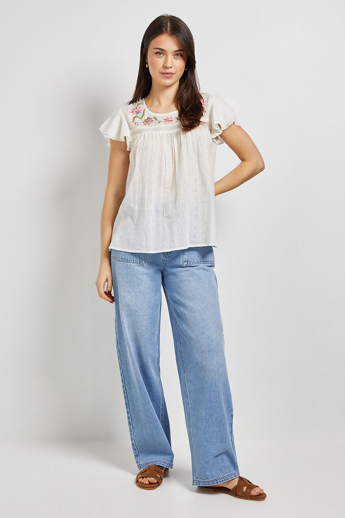 Dorothy Perkins Floral Embroidered Double Frill Angel Sleeve Top