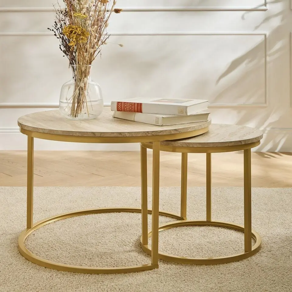 Calicosy - LENNY Set van 2 ronde salontafels - Eiken - 70x70x45,5 cm