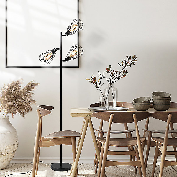 Lampadaire design industriel 3 ampoules max. 40 W abat-jour cage métal noir