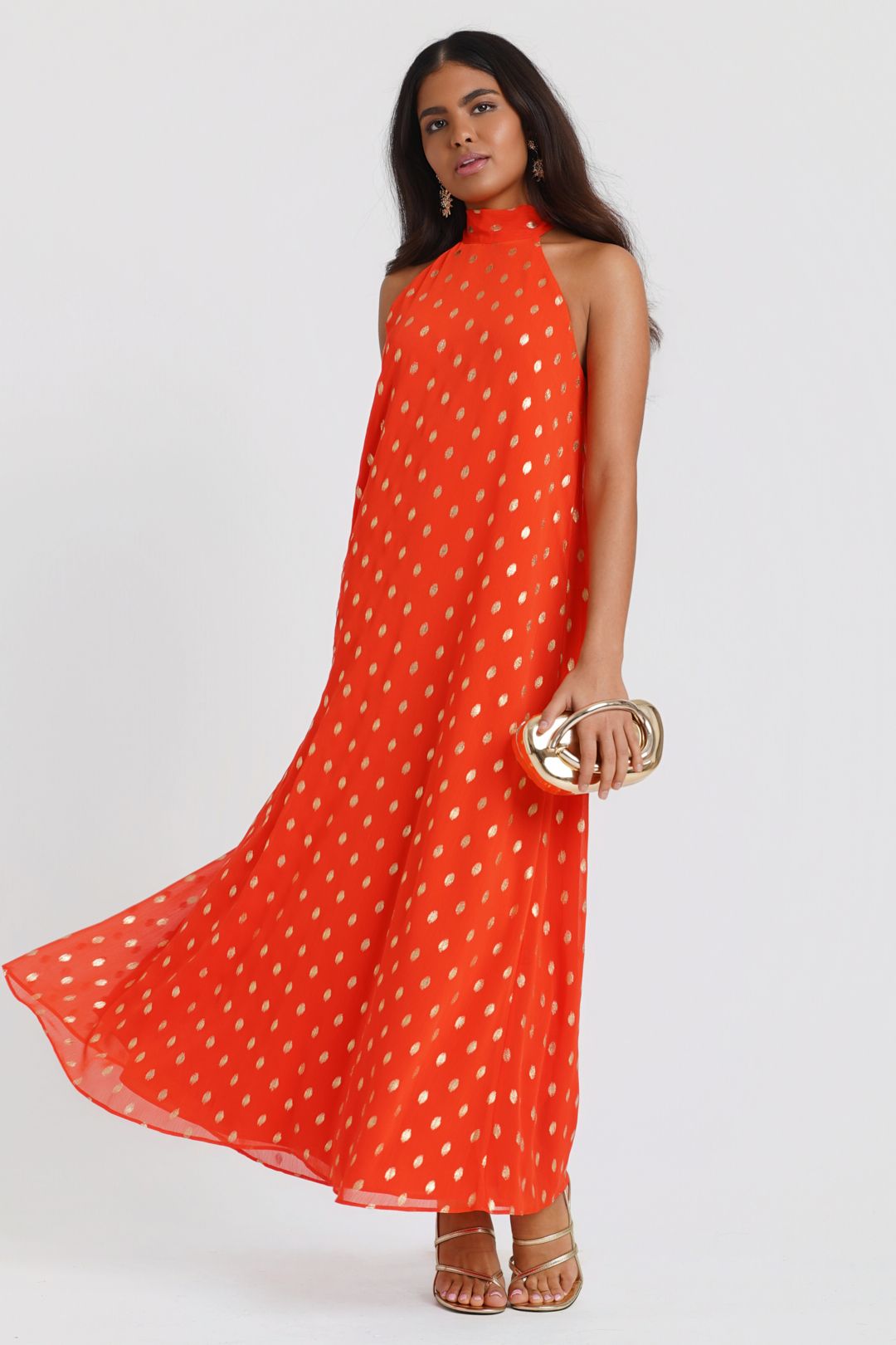 Needs No Label Orange Foil Halter Maxi Dress