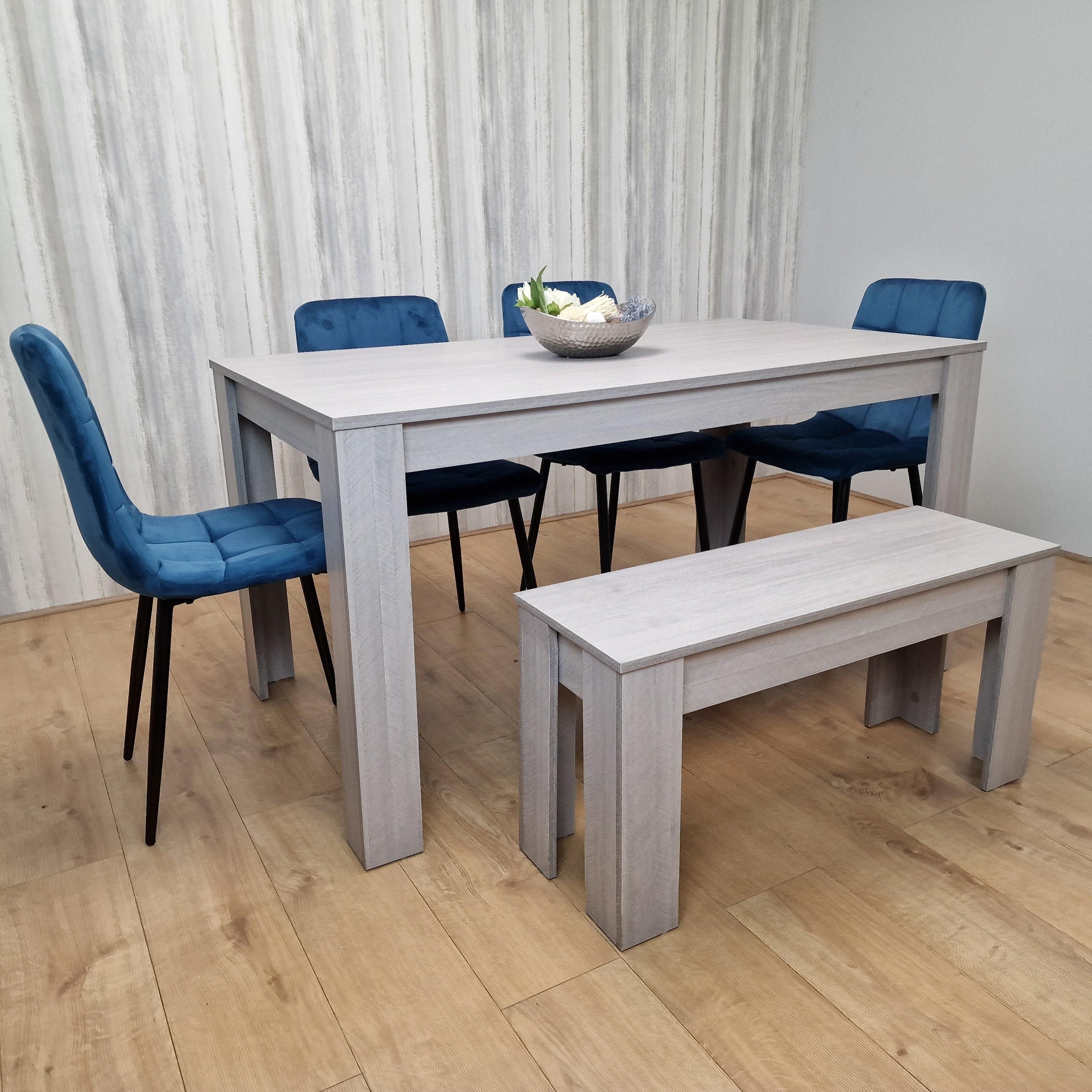 KOSY KOALA Grey Dining Table and 4 Blue Velvet Tufted Chairs with 1 Bench