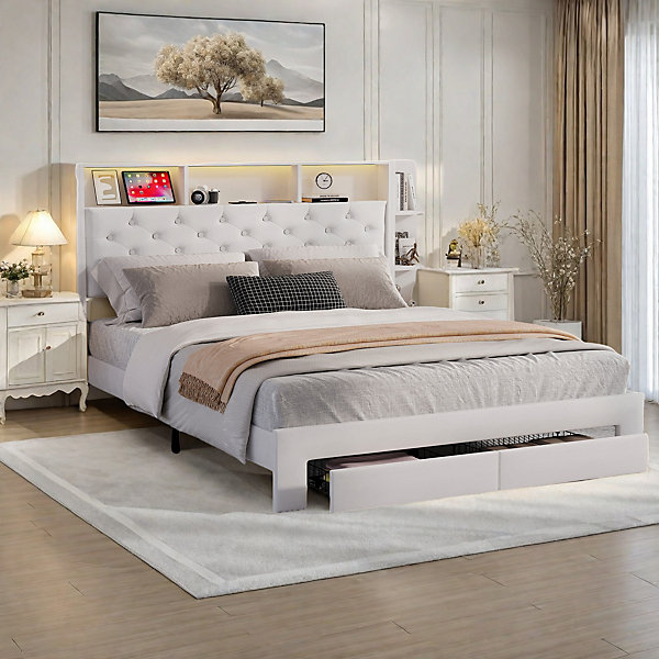 Lit double 160x200 cm tapissé en velours blanc avec tiroirs de rangement, LED réglable et port USB intégré