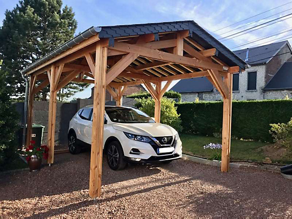 Carport 2 pentes 550cmx750cm, bois DOUGLAS Français(Charpente en bois-auvent-abri voiture),42 m². Garantie 10 ans