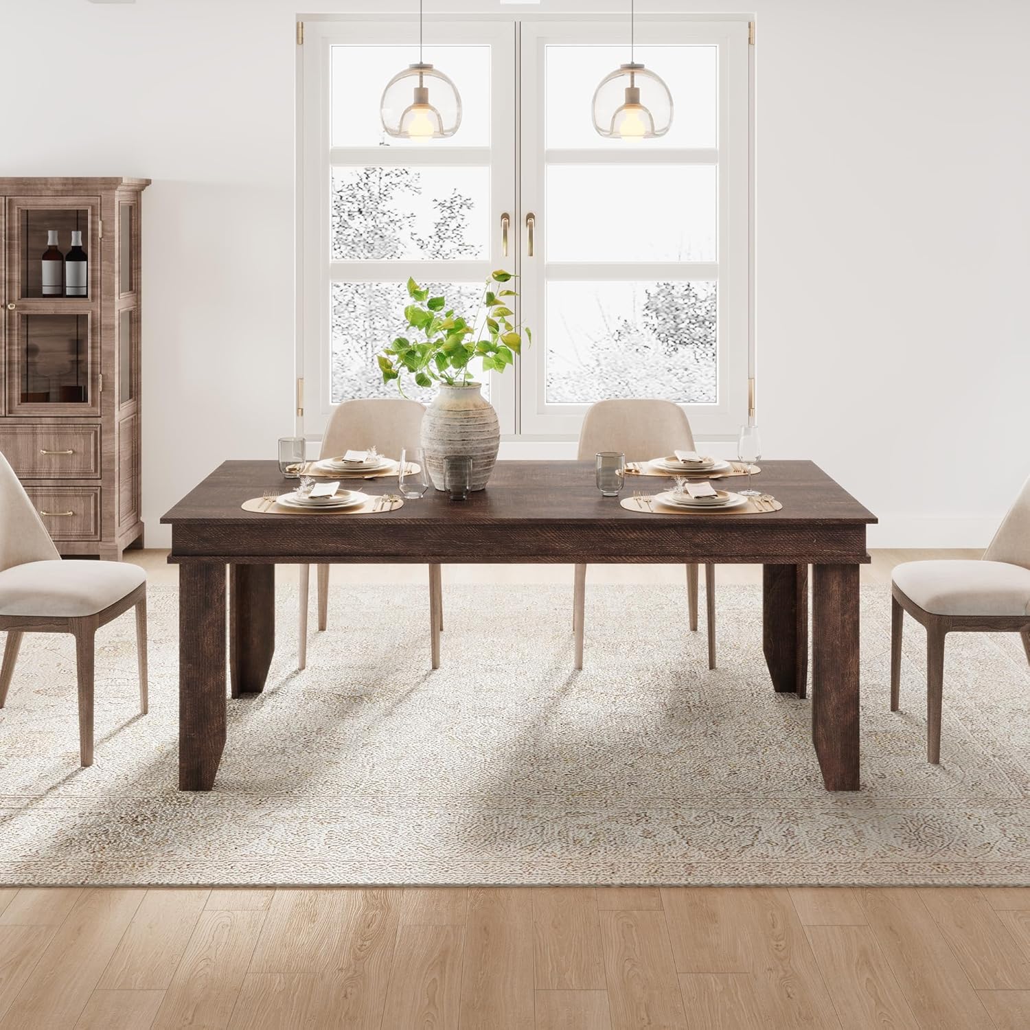 GarveeHome Farmhouse Dining Table for 6-8 People, 71 in Long Kitchen Tables with Wooden Sturdy Frame, 6 ft Large Rectangular Dinner Table for Dining Room, Kitchen, Dark Walnut, 71 Non-extendable