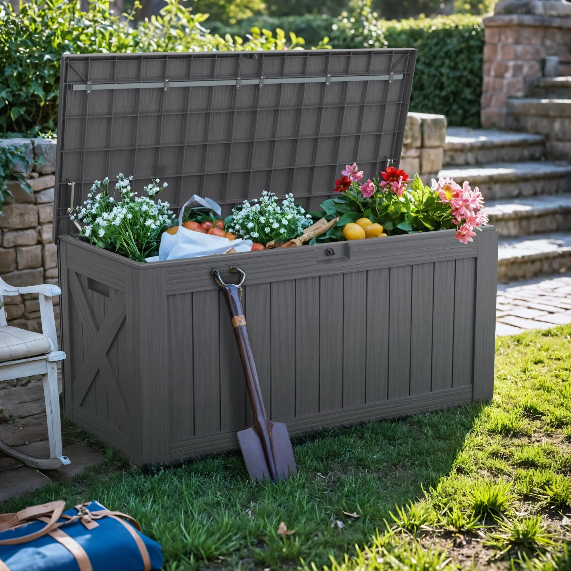 Furniwell 120 Gallon Outdoor Patio Box Deck Plastic Resin Storage Box Backyard Water Resistant