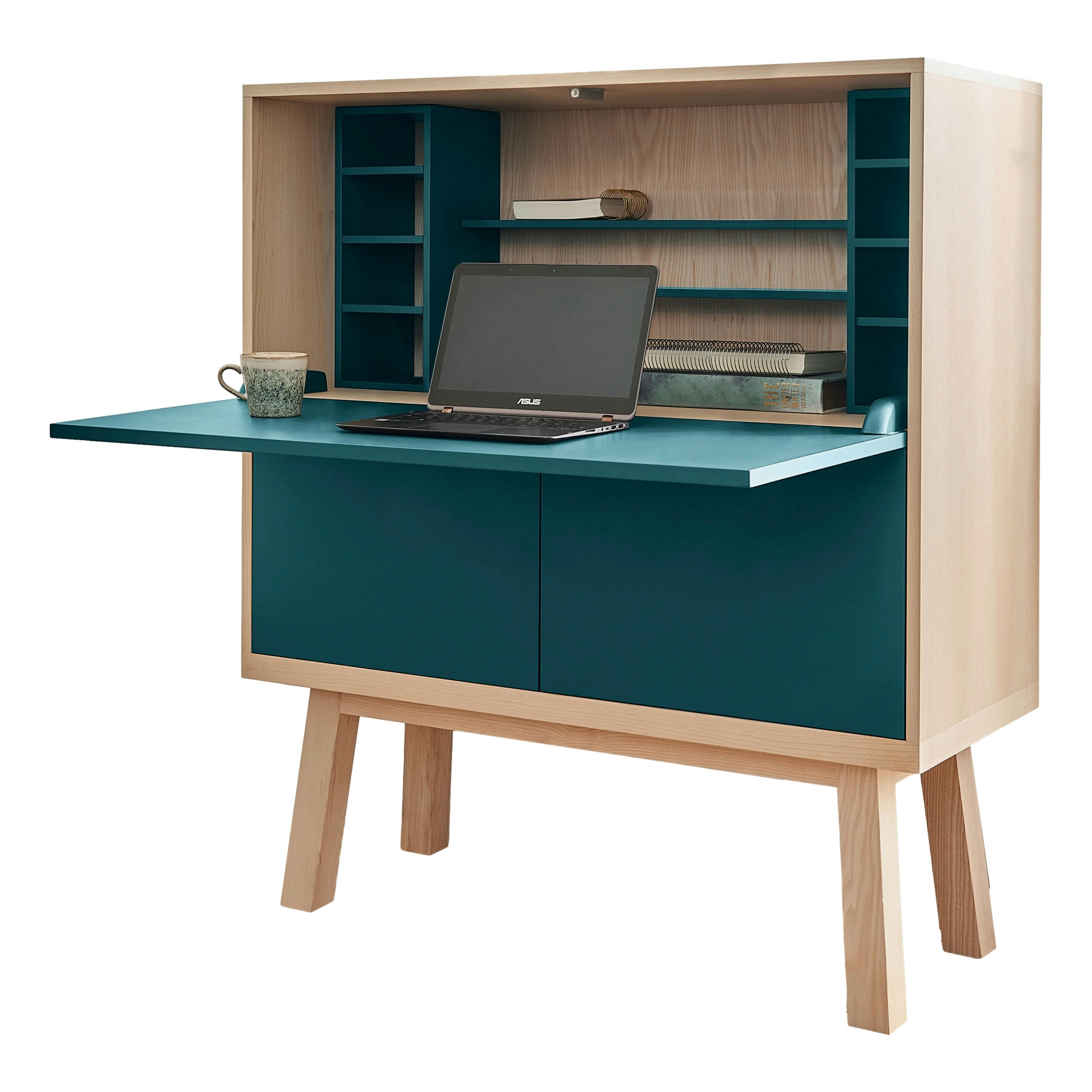 KUBE - Bureau secrétaire avec rangement, 120 cm de large, en frêne