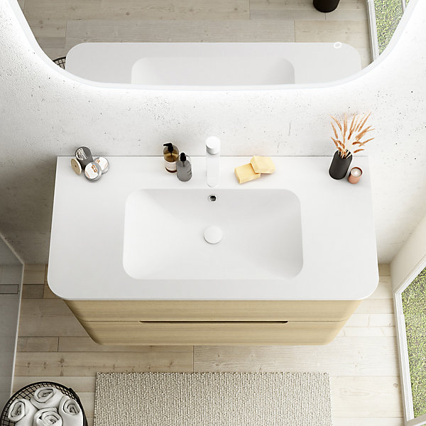 Ensemble salle de bains L. 104 cm meuble sous vasque décor noyer   plan vasque version centre noir mat Alba