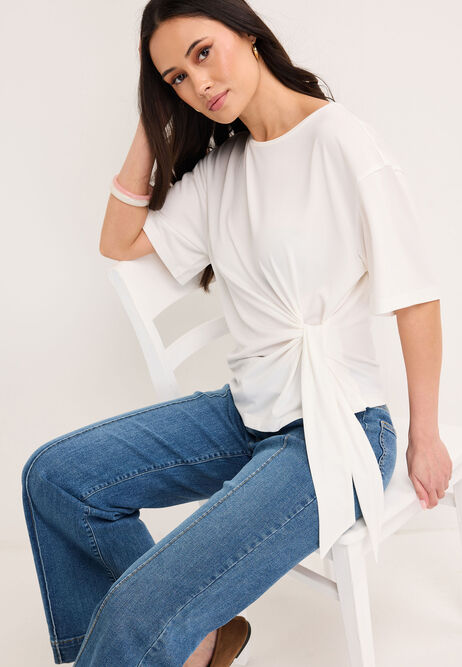 Womens Cream Side Tie T-Shirt Top