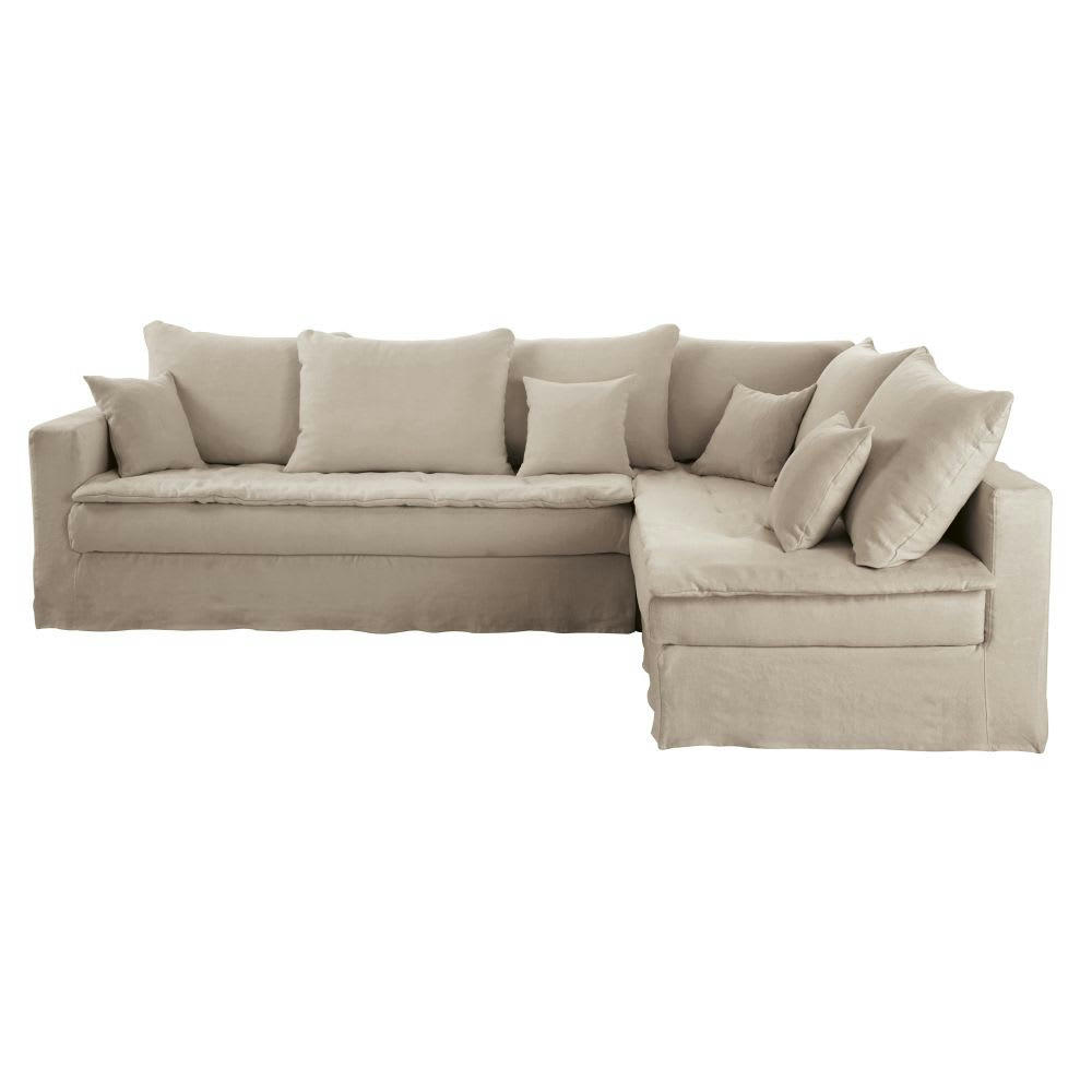 Celestin - Canapé d'angle droit convertible 5/6 places en lin supérieur beige, matelas 6 cm