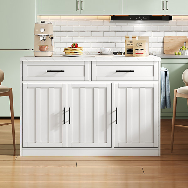 Îlot de Cuisine - desserte Multifonction avec Prise et Ports USB, étagères Réglables, Bar Repas, MDF, Blanc, 120x60x91 cm