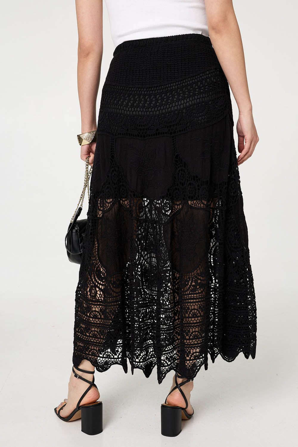 Izabel London Floral Crochet Mesh Layered Maxi Skirt