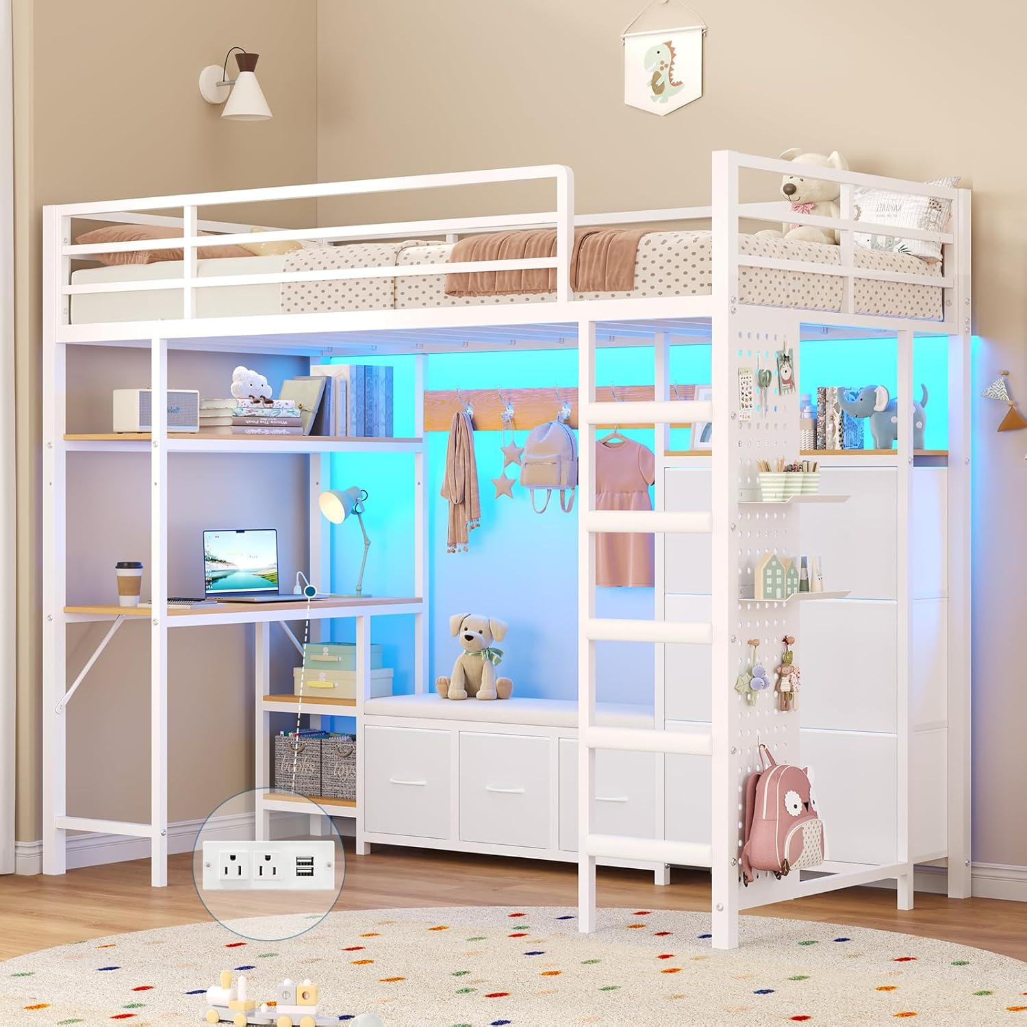 Twin Loft Bed with 6 Storage Drawers, Hall Tree and Pegboard, Metal Loft Bed Twin Size with Desk and Adjustable Shelf, LED Lights and Charging Station, Safety Guardrail and Ladder,No Box Spring Needed