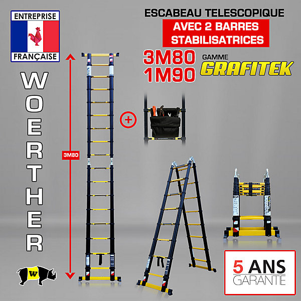 Escabeau-échelle télescopique Woerther 3m80/1m90 avec double barres stabilisatrices plus sac porte outils