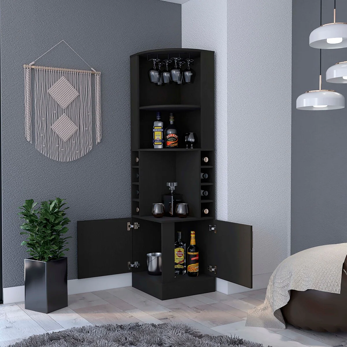 Wenzel 8-Bottle 2-Shelf Bar Cabinet Black Wengue