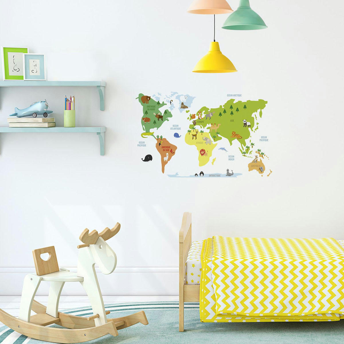 PLANISPHÈRE - Adhésif décoratif mural planisphère pour enfant 43x68,5cm