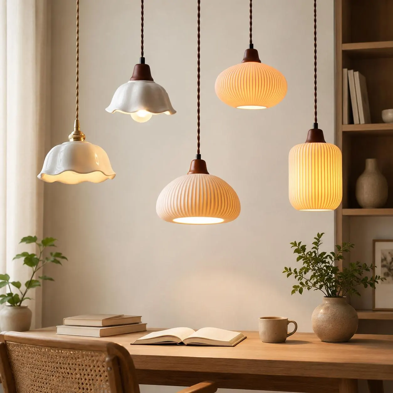 White Ceramic Pendant Light, Nordic Hanging Lamp, Copper Socket Ceiling Light, Kitchen Island Bedroom Modern Lighting
