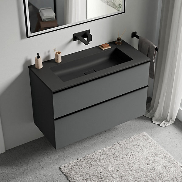 Meuble vasque suspendu MDF Anthracite mat, lavabo fonte Noir mat sans trou robinet, poignée Chrome - 100x46x62cm - LAVOA