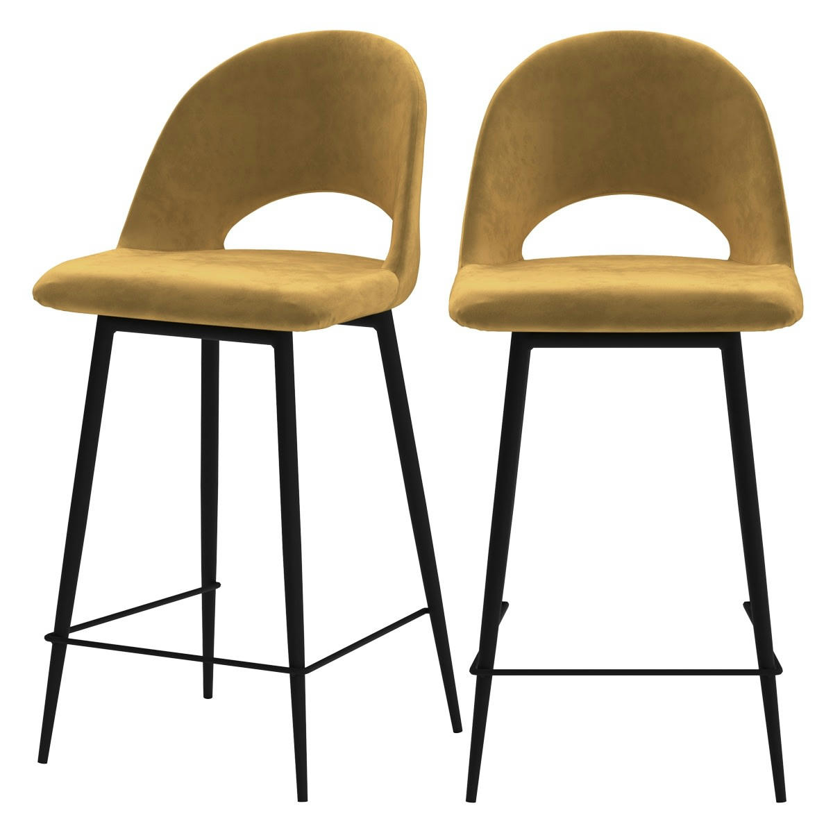 PÉNÉLOPE - Chaise de bar mi-hauteur en velours jaune 65 cm (lot de 2)