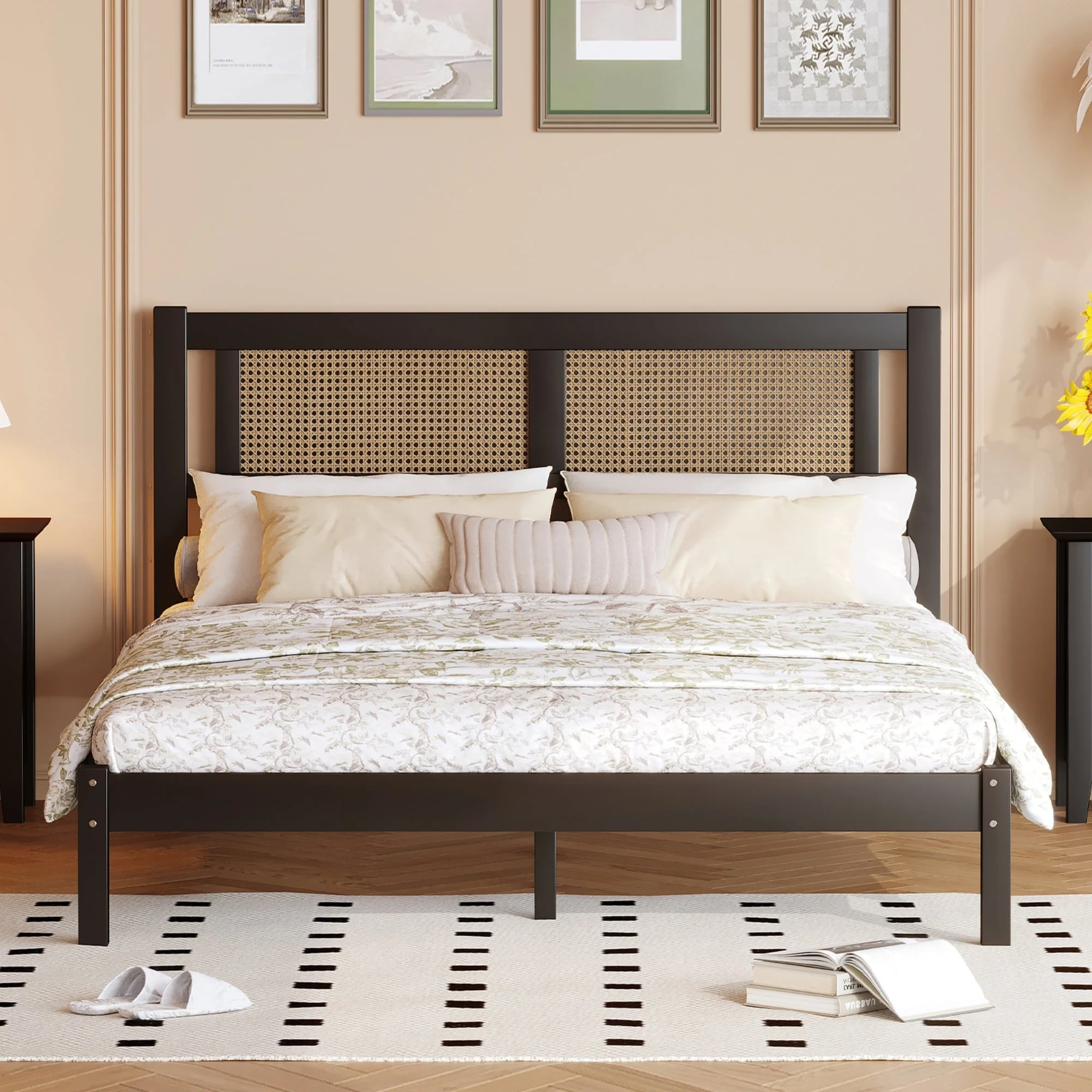 Modern Wooden Platform Bed with Rattan Headboard for Bedroom