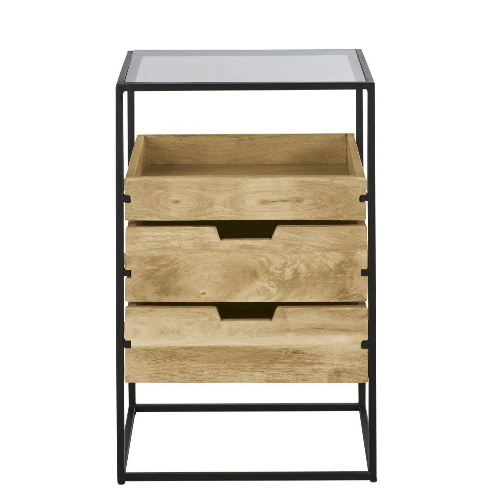 Leyton Business - Meuble de rangement professionnel en métal, verre et manguier massif L50