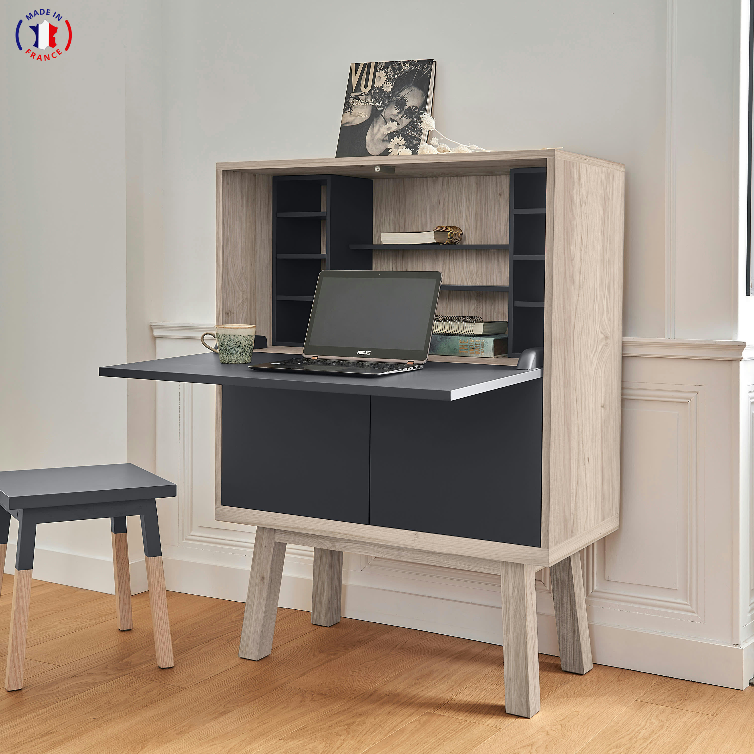 KUBE - Bureau secrétaire avec rangement de 90 cm de large, en chêne
