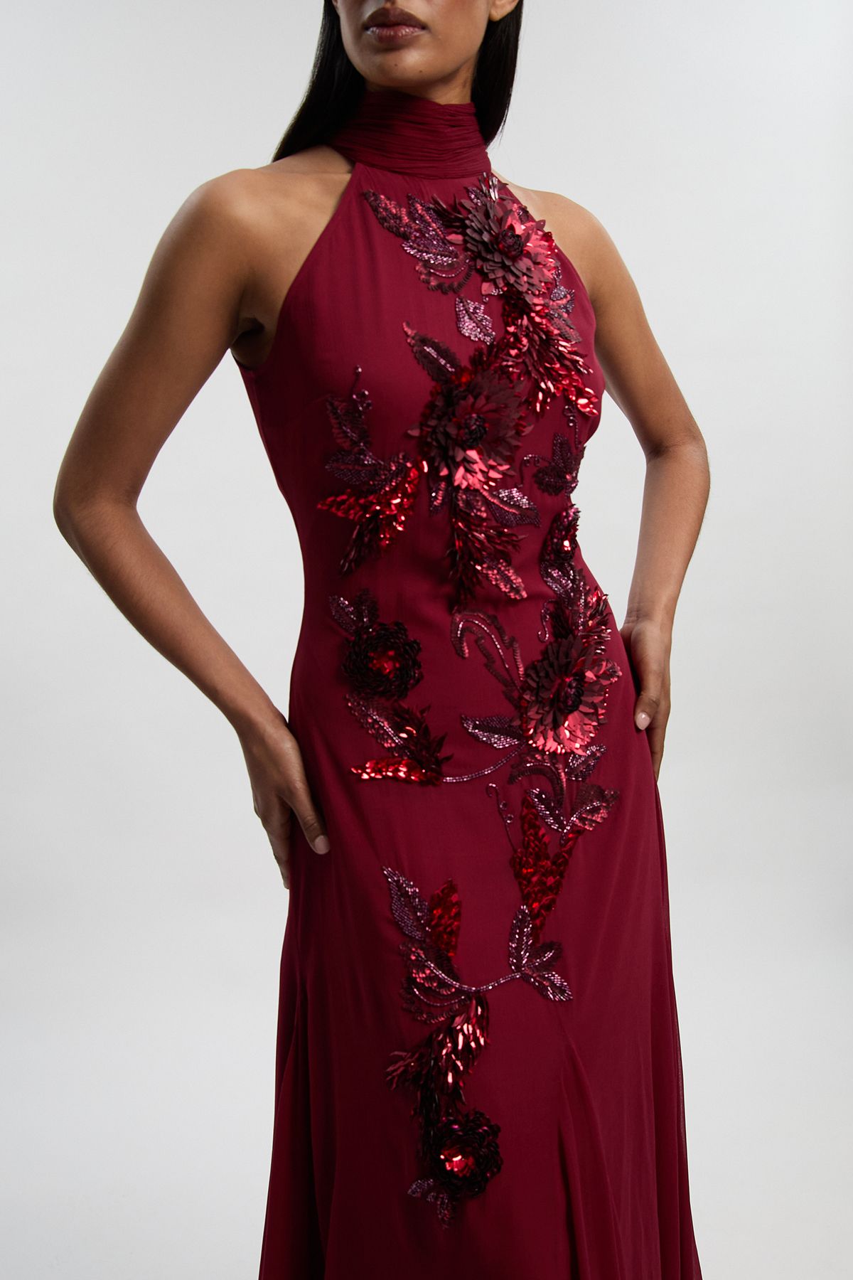 KarenMillen Georgette Feather Embellished Halter Neck Woven Maxi Dress