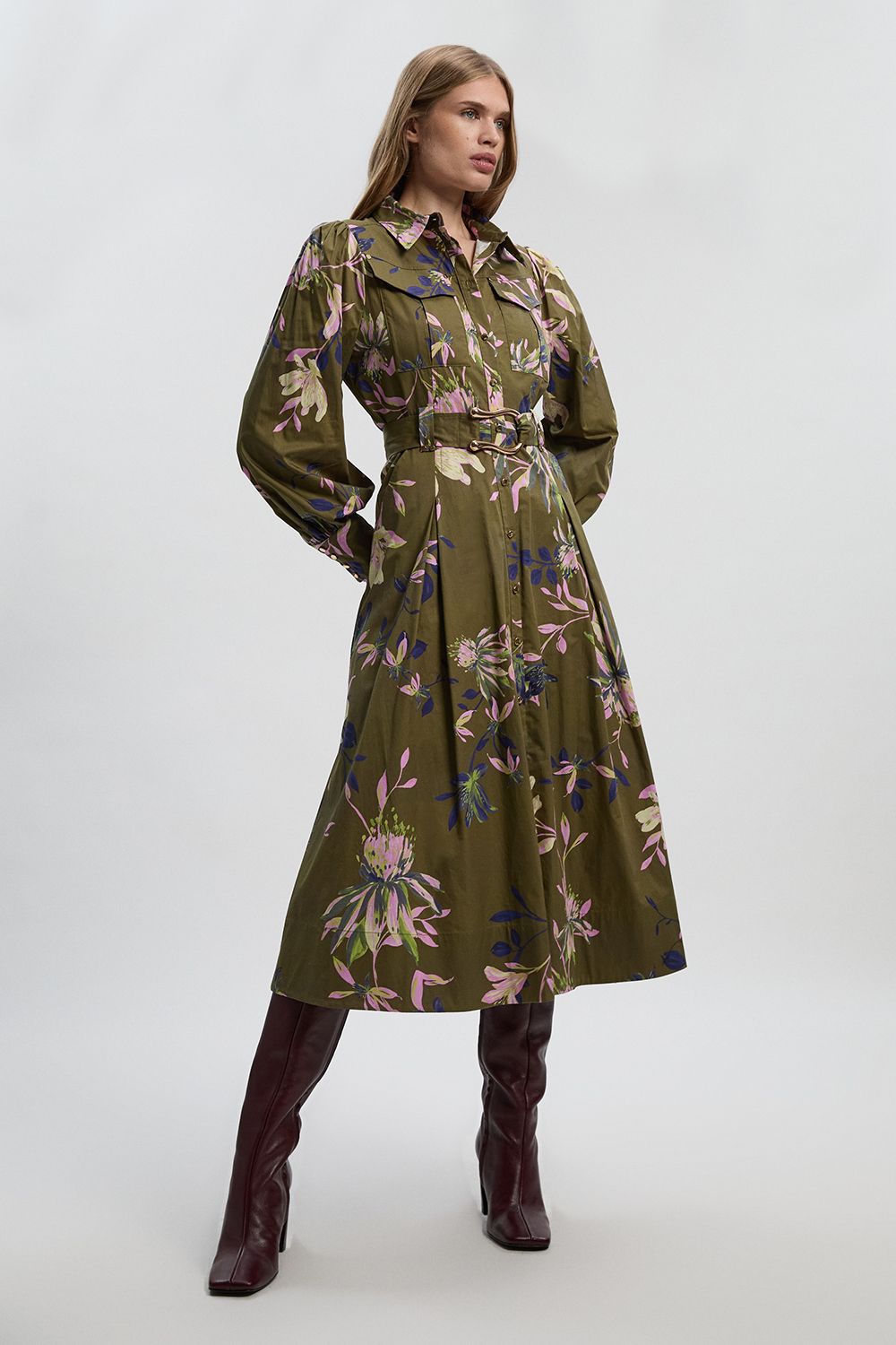 KarenMillen Floral Print Cotton Sateen Woven Midi Shirt Dress