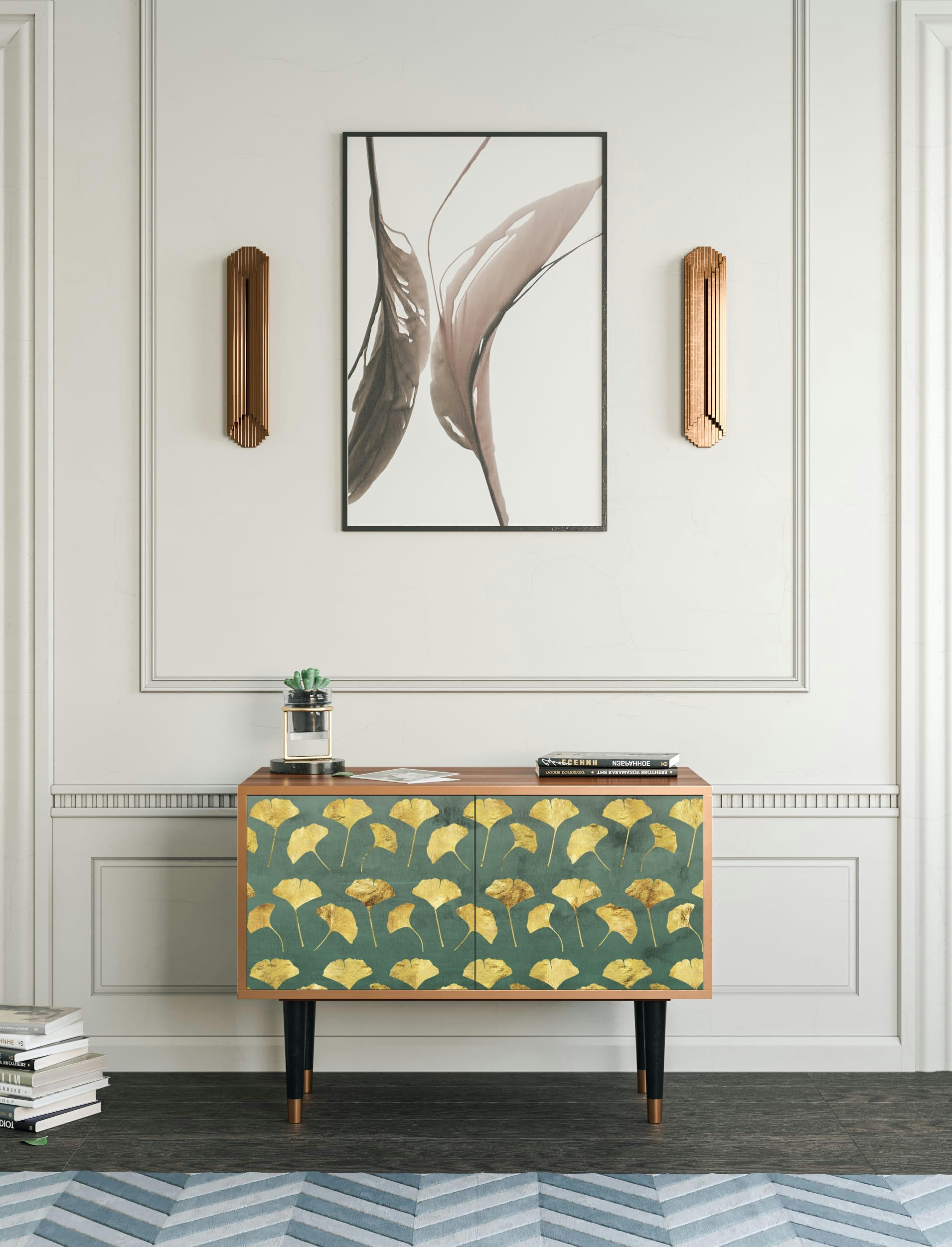 GINGKO LEAVES - Buffet bas  vert et jaune 2 portes L 94 cm