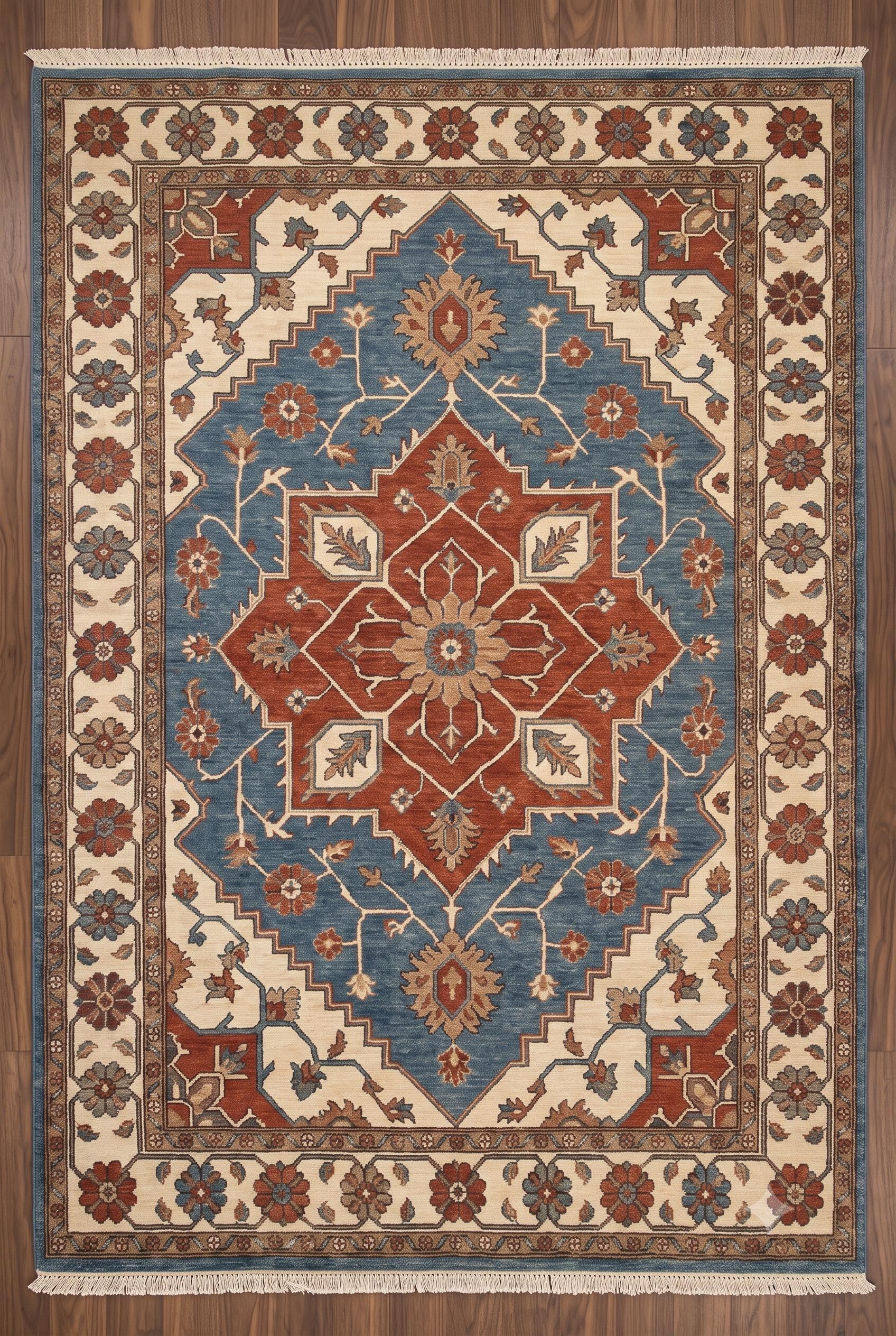 Hand Knotted Oushak Rug, Vintage Oriental Area Rug, Blue Medallion Floral Carpet, Traditional Persian Style Rug, Boho Home Decor