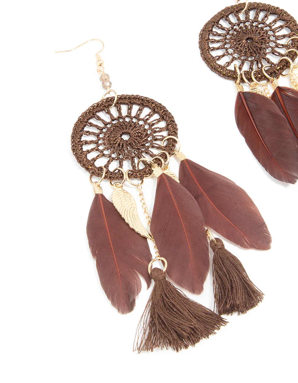 Gold Burgundy Feather & Brown Fabric Dreamcatcher Drop Earrings